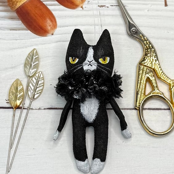 Hand Painted Miniature Cat Art Doll Tuxedo