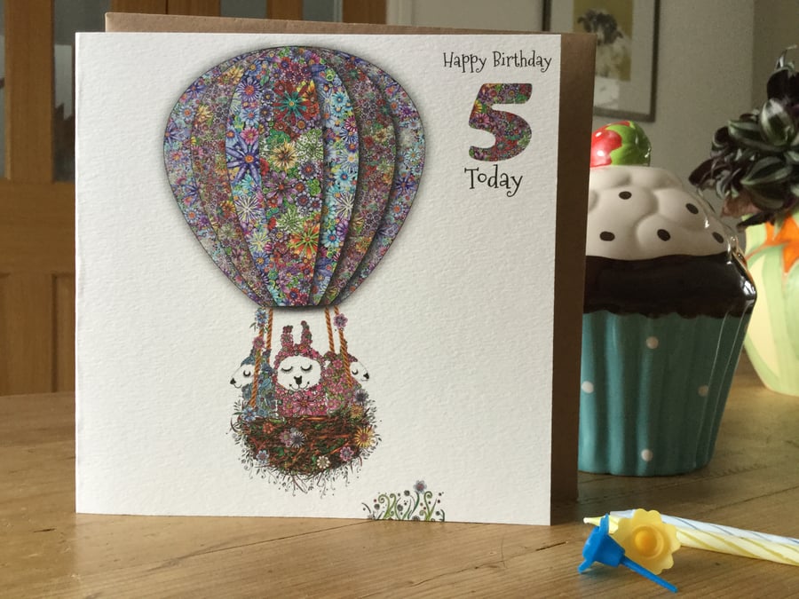 ‘Up in my balloon’ Age 5 children’s birthday card (Alpacas)