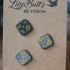 3 Vintage Wooden Flowery Buttons 25mm