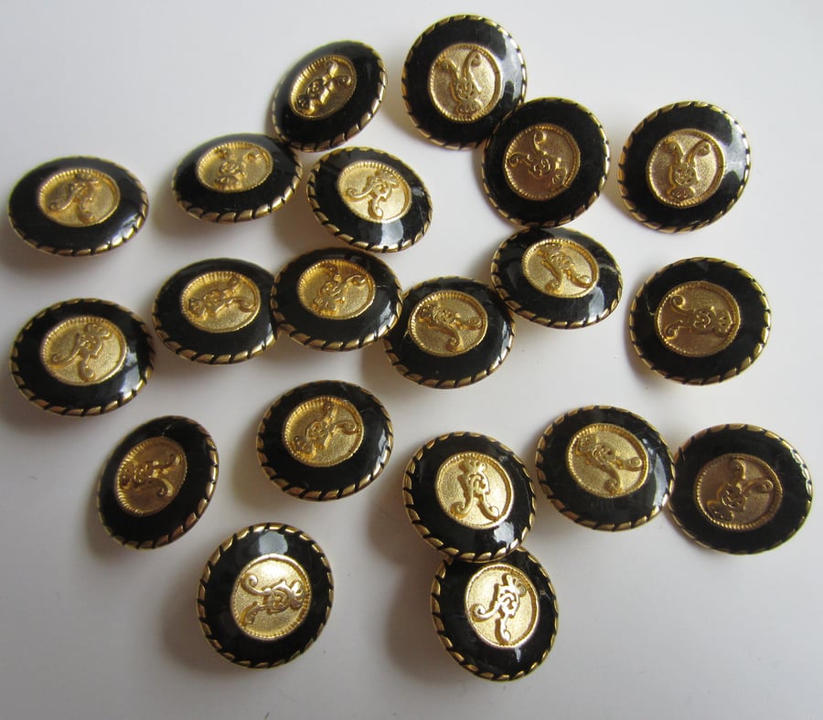 20 Metal Black and Gold Buttons - 18 mm