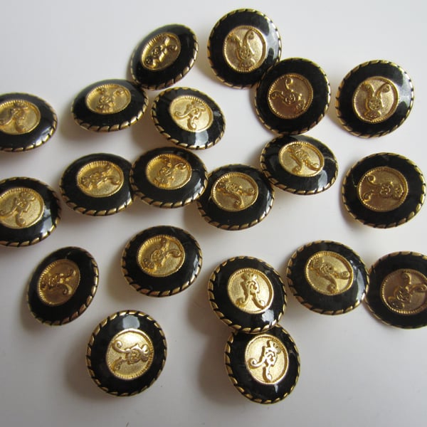 20 Metal Black and Gold Buttons - 18 mm