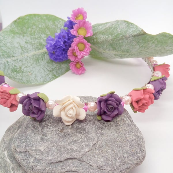 Beaded Head Band with Pink and Purple Pearls & Pink Purple and White Roses
