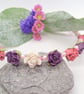 Beaded Head Band with Pink and Purple Pearls & Pink Purple and White Roses - Image 1