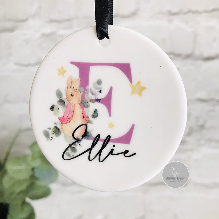 Peter rabbit name and initial decoration, ceramic ornament, New baby gift, 