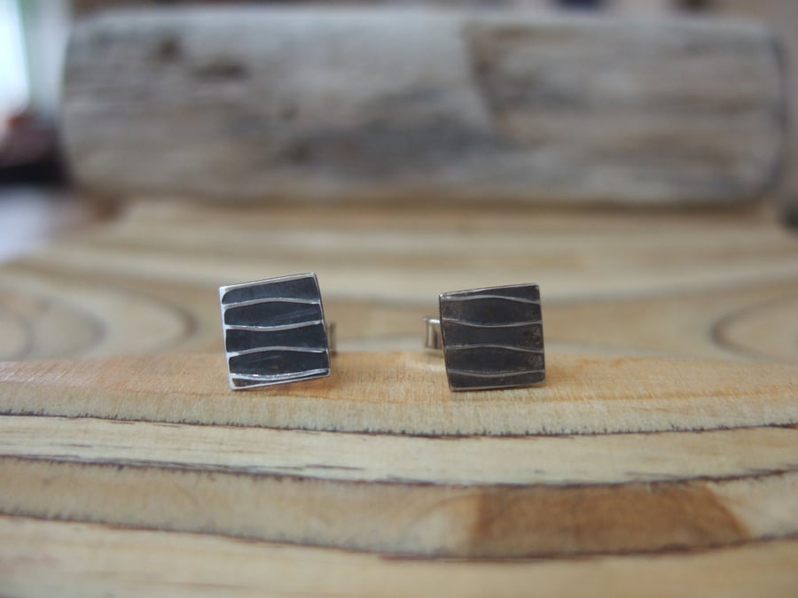 Oxidised Sterling Silver Striped Square Studs