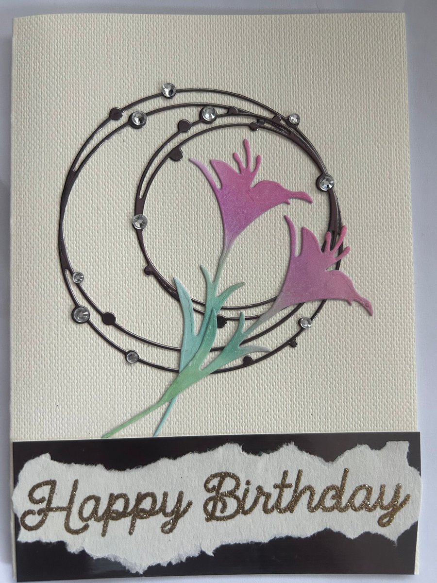 Handcrafted feminine birthday card flowers rhinestones