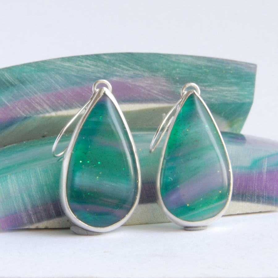 Green and purple bowlerite and sterling silver drop earrings 