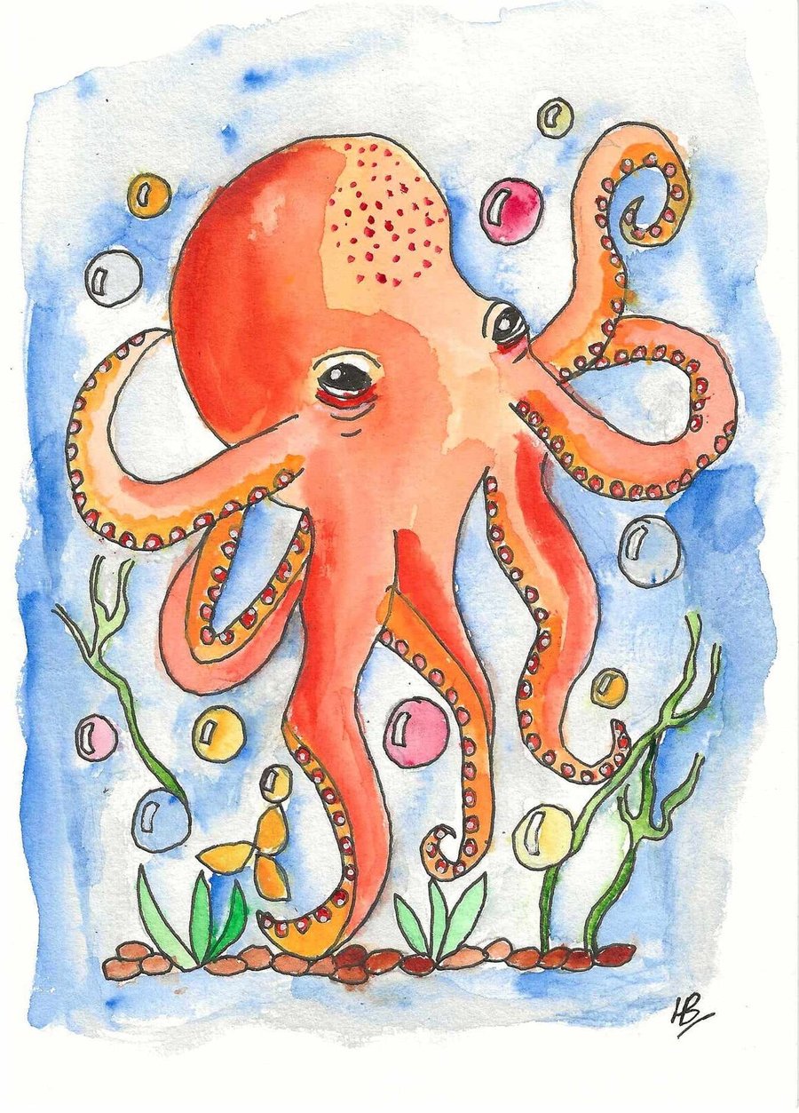 Original Watercolour Bright Octopus Card