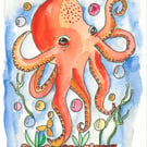 Original Watercolour Bright Octopus Card