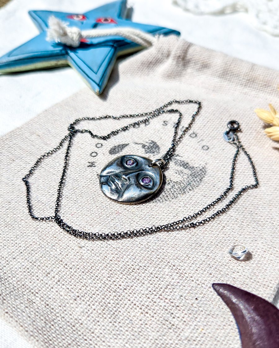 Custom Order for Emma - Solid Fine Recycled Silver Amethyst Moon Face 