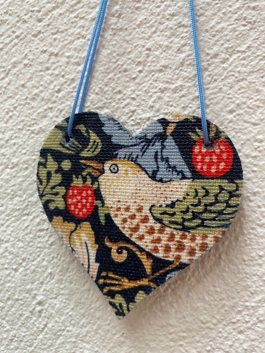 William Morris Strawberry Thief wooden heart hanging decoration