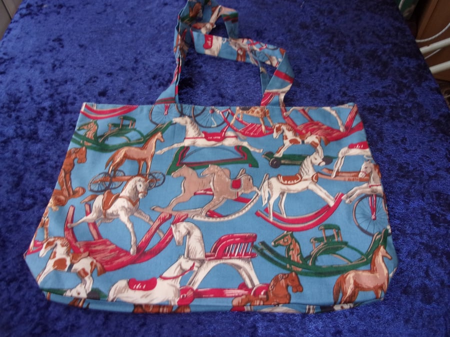 Denim Blue Fabric Bag with Rocking Horses