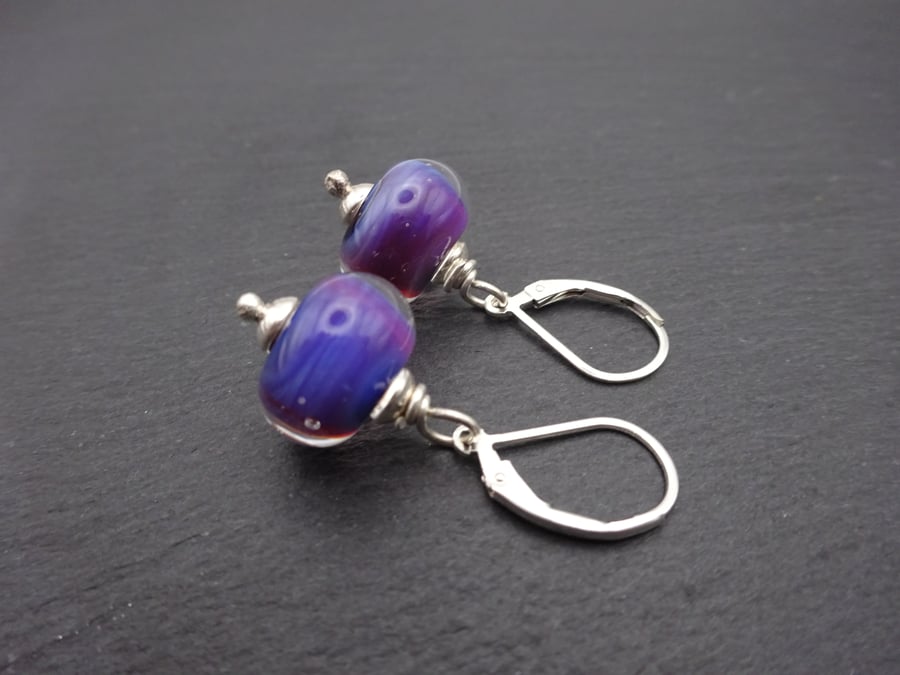 purple lampwork glass earrings, sterling silver jewellery