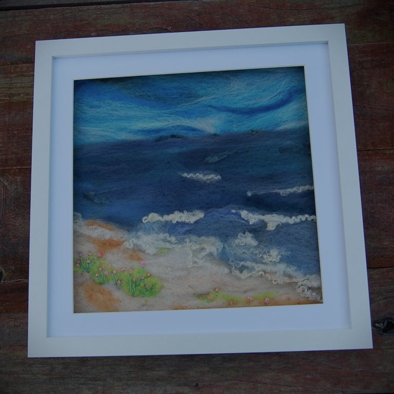 Needle felted and hand embroidered wool picture - Coastal scene 