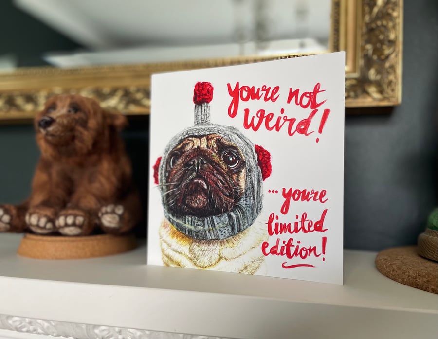 Funny Cute Pug Valentine's Birthday Card Dog Weird Print of Original Drawing 