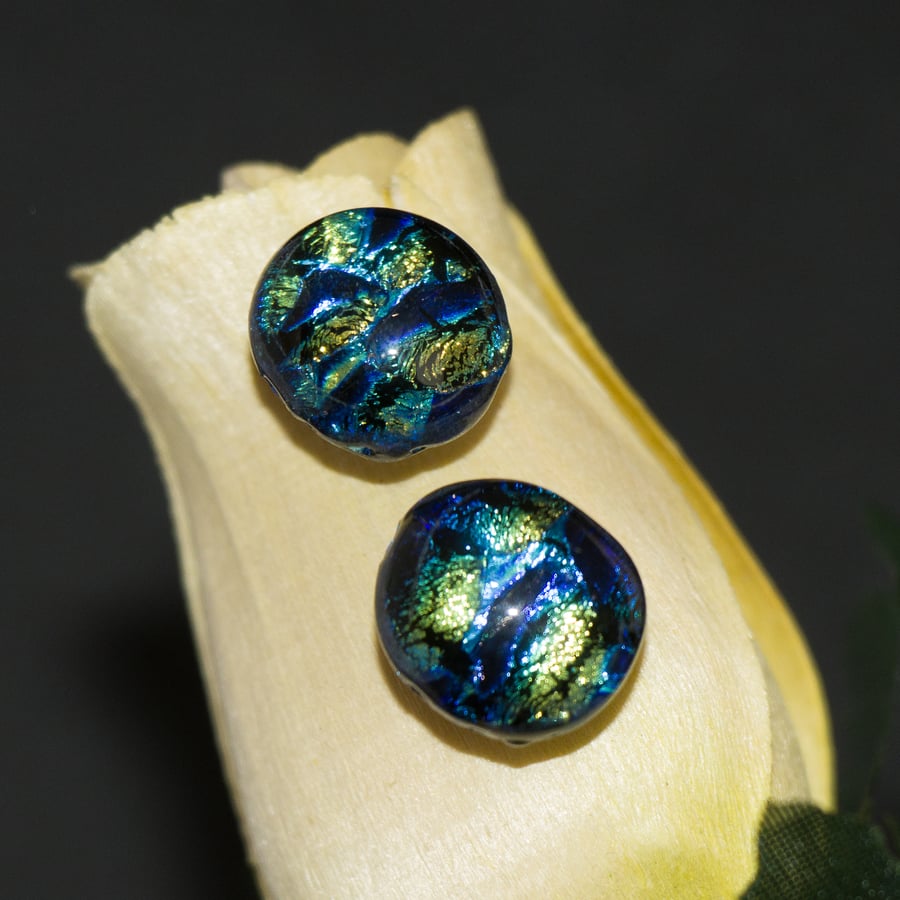 Blue, Turquoise and Gold Dichroic Glass Earrings on Sterling Silver Studs - 2101