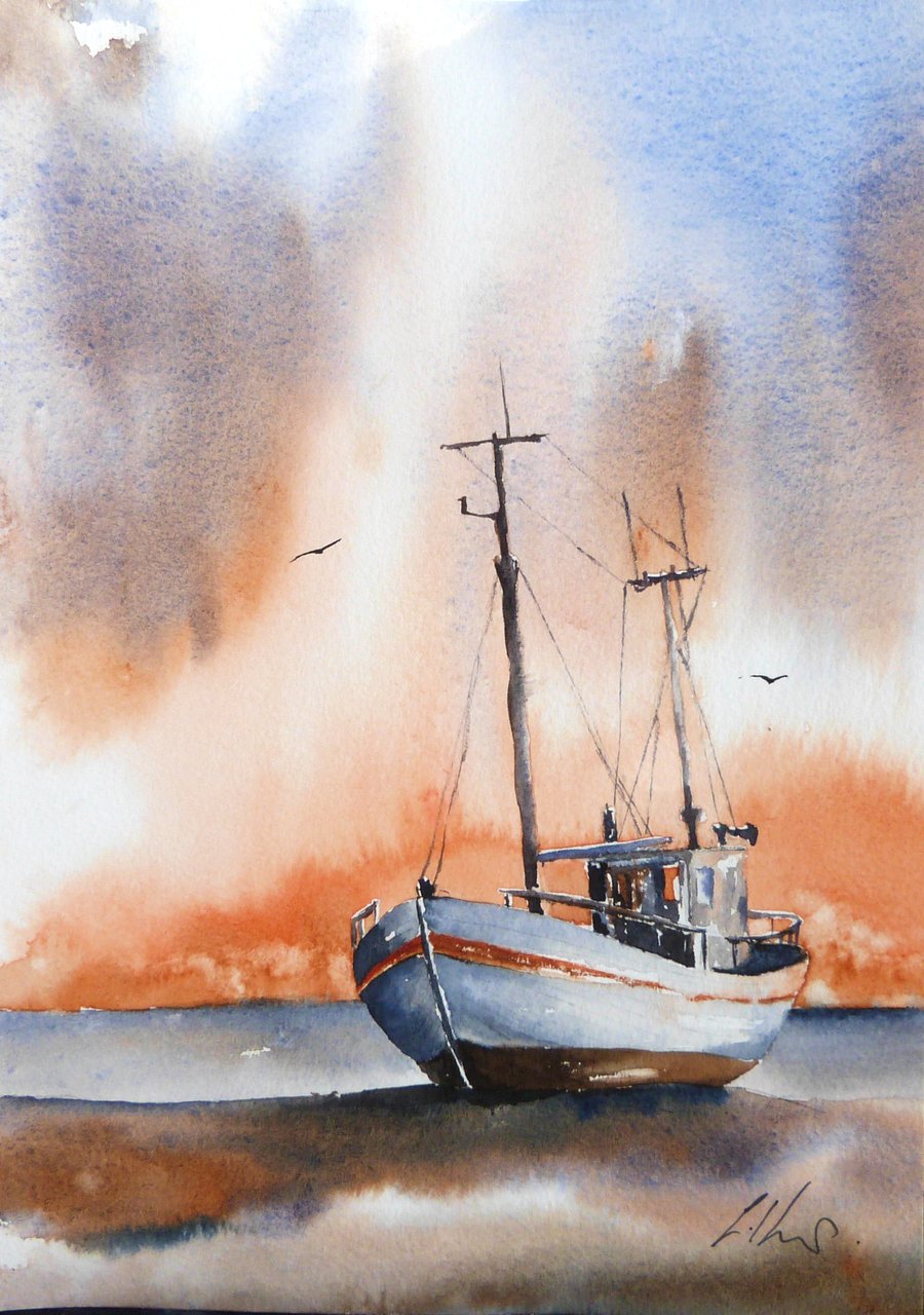 Fishing Boat, Original Watercolour Painting.