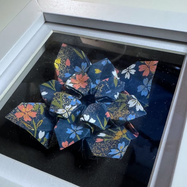 Framed Origami Hydrangea Tessellation – Geometric Paper Art, Navy on Black