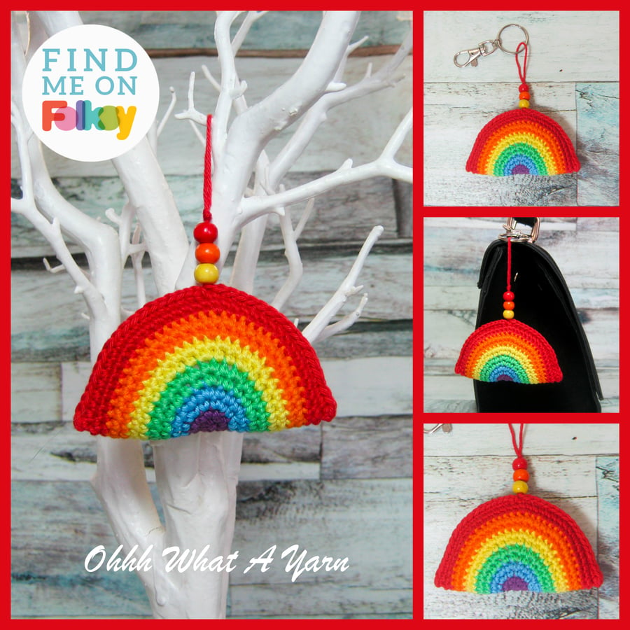 Crochet rainbow rainbow bag charm, crochet hanging decoration, key ring. 