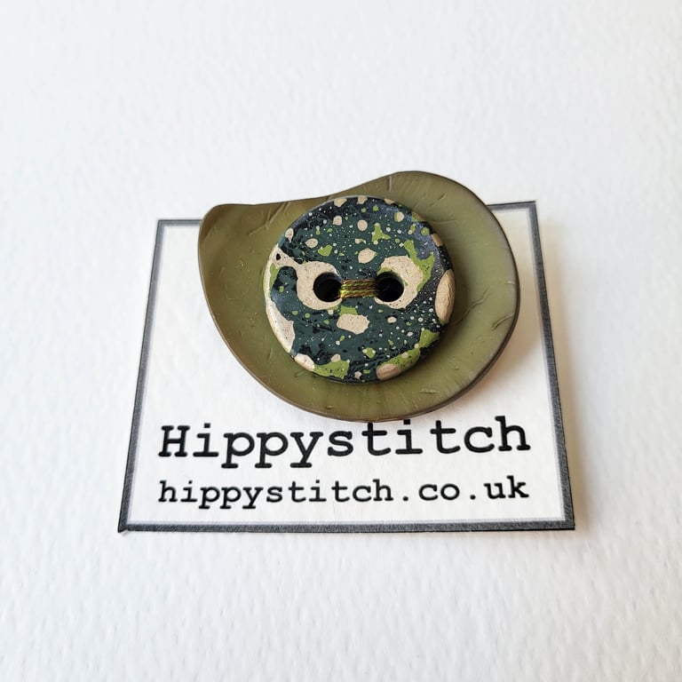 Button Brooch - Olive, Black and Gold
