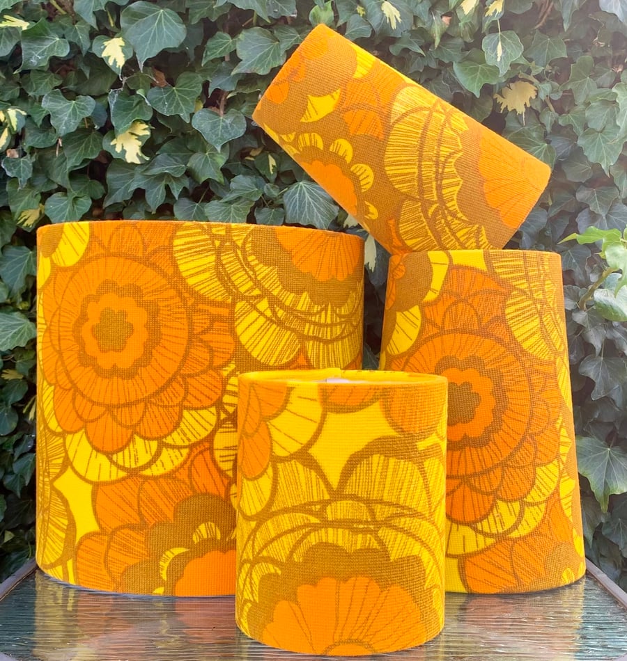 RETRO Yellow Orange Flower Power lampshade in  60s 70s Vintage Fabric