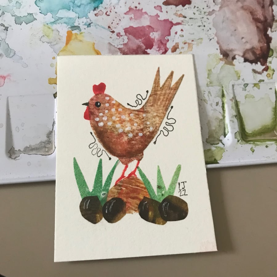 ACEO chicken made with handmade collage papers 