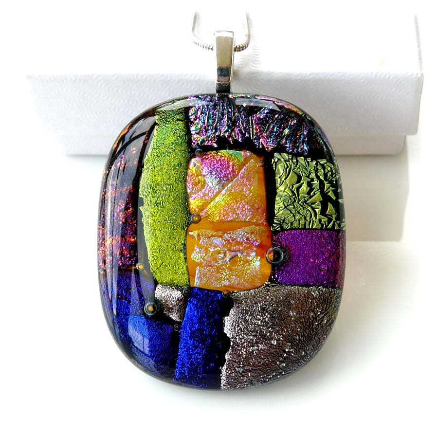 Dichroic Glass S012 Supersize Patchwork 3-layer Pendant with Silver Plated chain