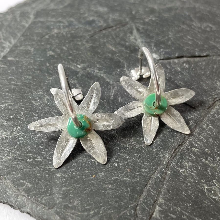 Sterling silver and turquoise Flower hoop earrings