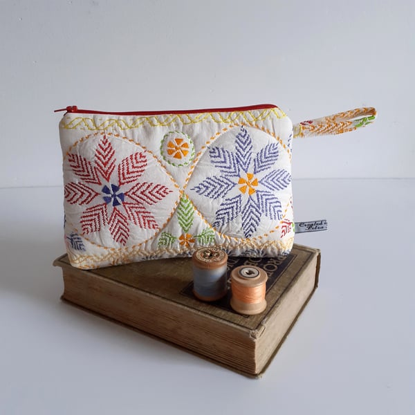  Make up bag or storage bag lightly padded and upcycled from embroidered cotton