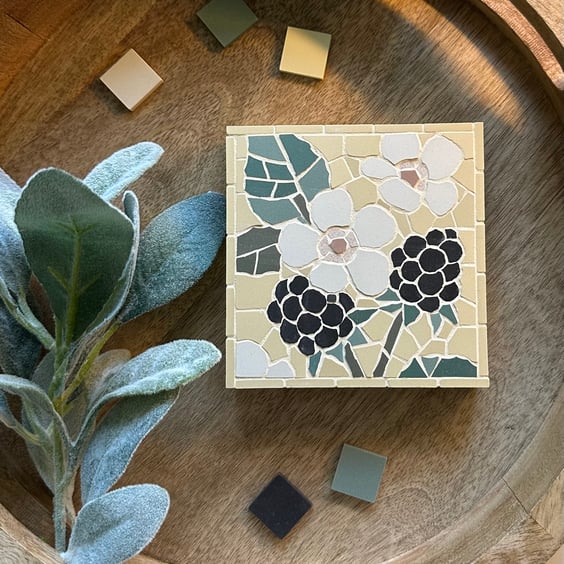 Mosaic Floral Art - Blackberry Mosaic Wall Plaque in Pale Yellow