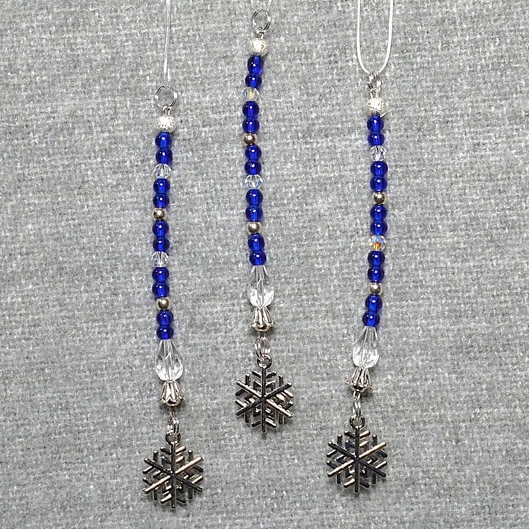 Christmas Decorations – Set of 3 – Blue and Silver-Plated Bead with Snowflake