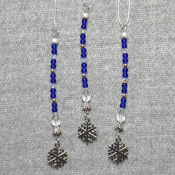 Christmas Decorations – Set of 3 – Blue and Silver-Plated Bead with Snowflake