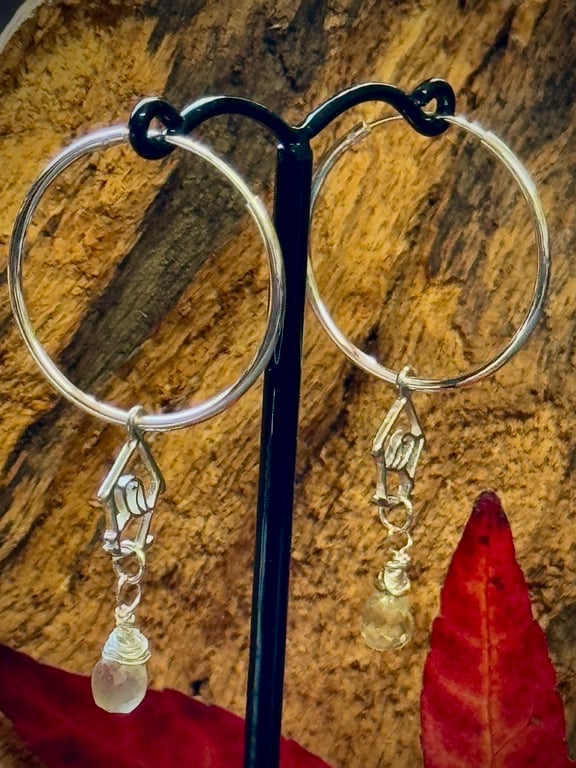 Recycled silver hoop earrings with birdhouse and lemon quartz drop