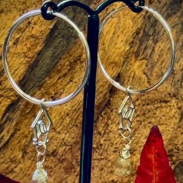 Recycled silver hoop earrings with birdhouse and lemon quartz drop