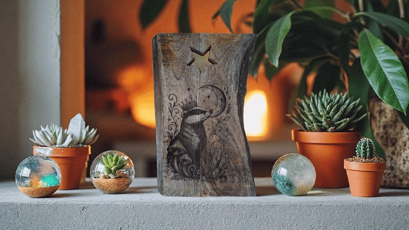Laser Engraved Mango Wood Serving Board: Crowned Badger & Moon