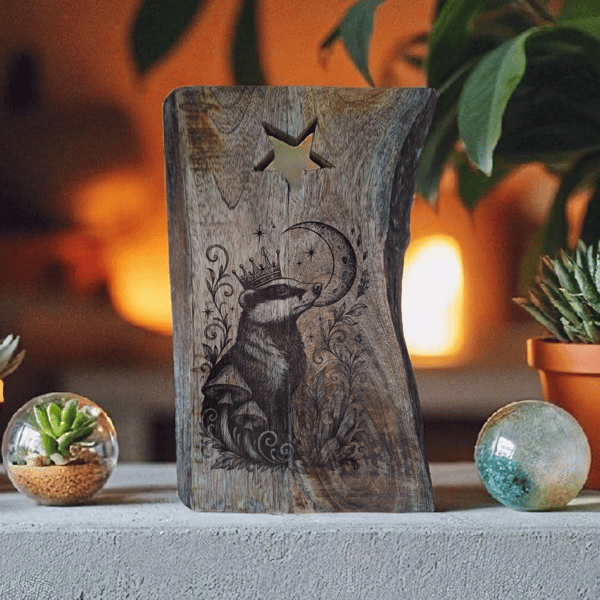 Laser Engraved Mango Wood Serving Board: Crowned Badger & Moon