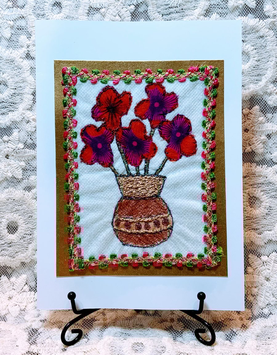'Blooms In A Vase'  Textile Embroidered Art Card