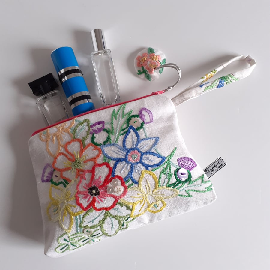 Clutch bag or purse recycled in a vintage floral embroidered tablecloth