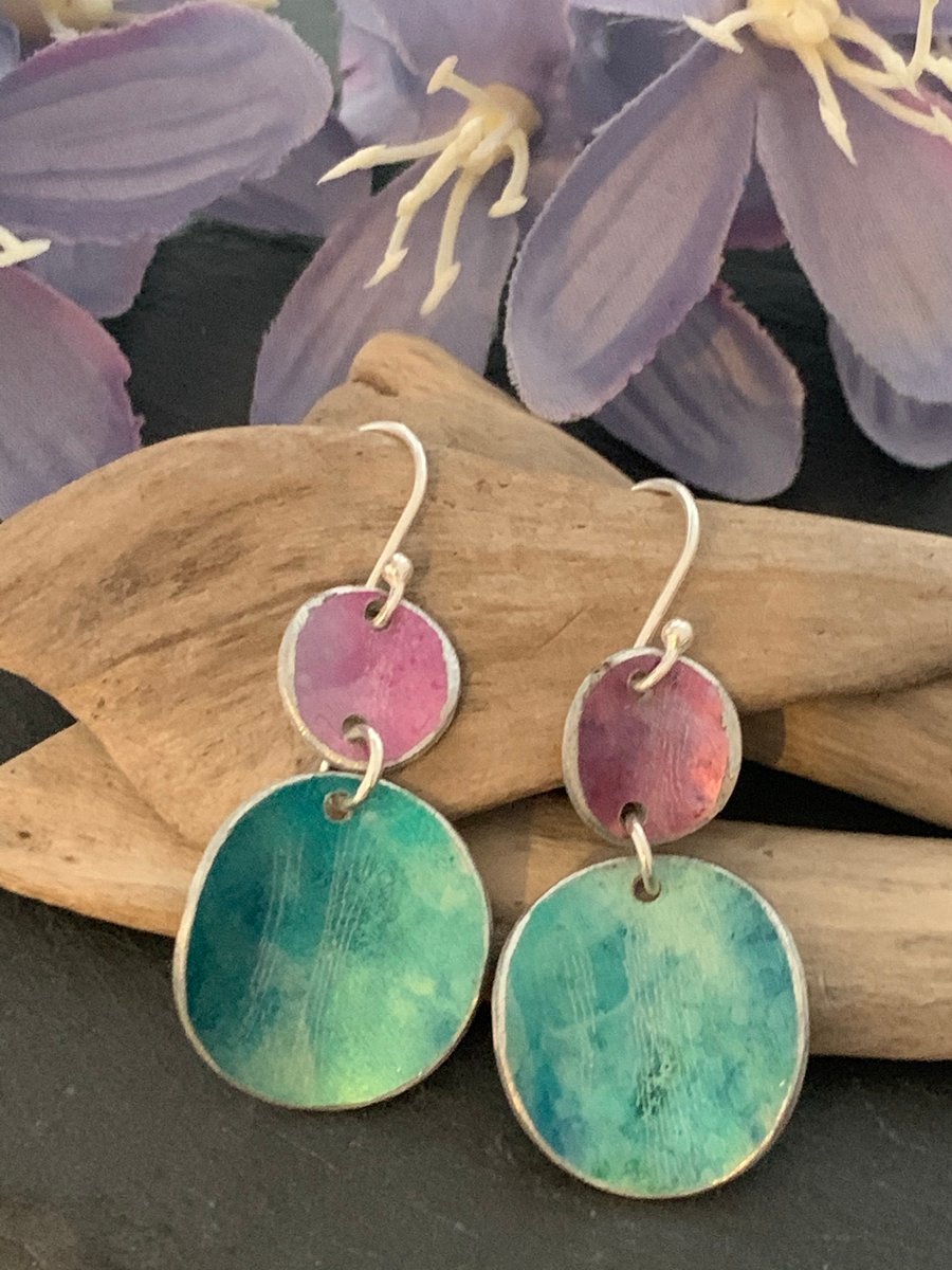 Water colour collection - hand painted aluminium earrings Teal and lilac 