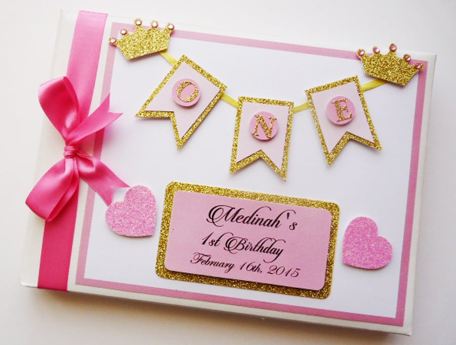 Pink and gold princess birthday guest book, glitter princess birthday gift