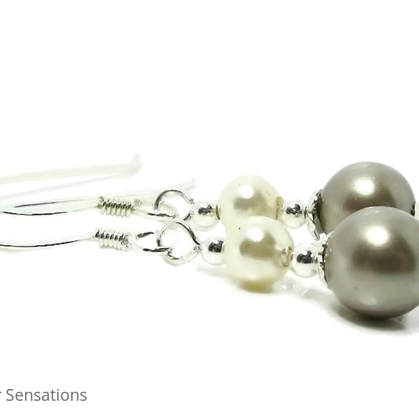 Swarovski Platinum & Ivory Cream Pearls & Sterling Silver Short Drop Earrings