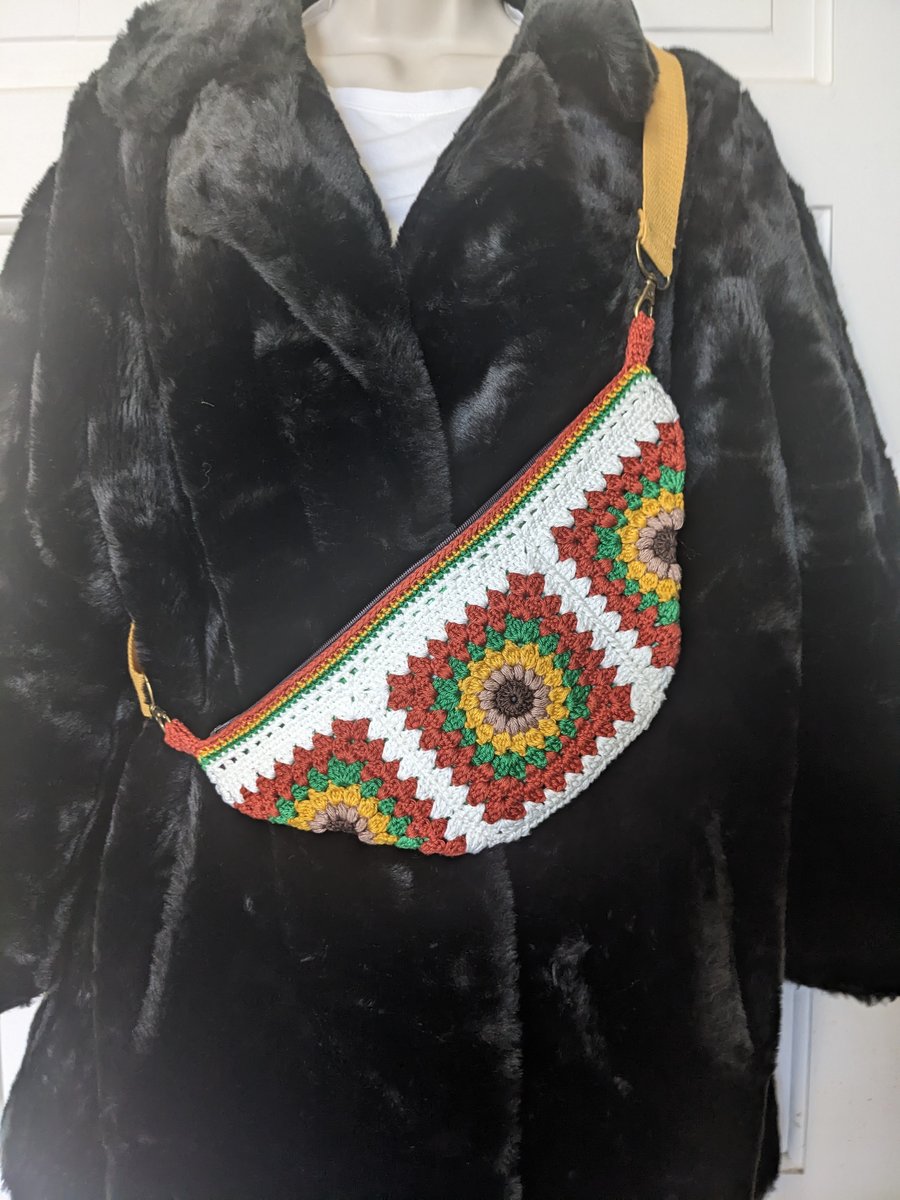 Crochet Sunflower Granny Squares Crossbody Hands Free Bum Bag