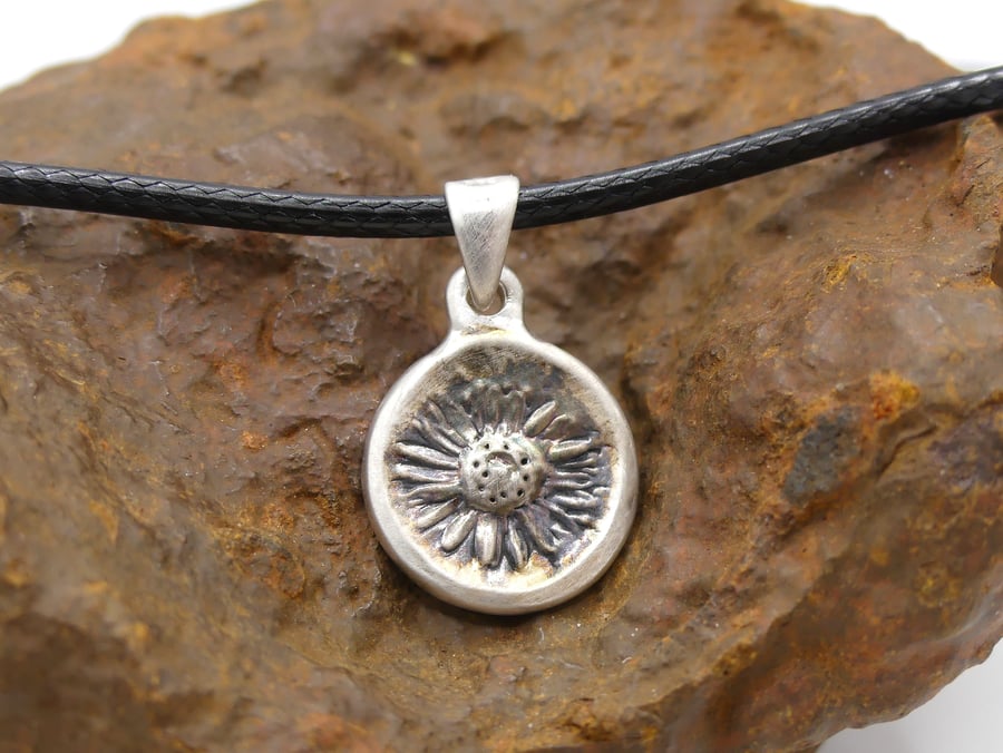 Recycled Sterling Silver Real Daisy Flower Mould Pendant Waxed Cotton Necklace.