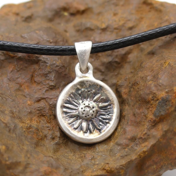 Recycled Sterling Silver Real Daisy Flower Mould Pendant Waxed Cotton Necklace.