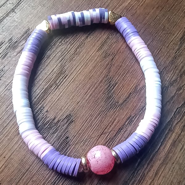 "Lavender" - Stretchy clay polymer and beaded fashion bracelet 