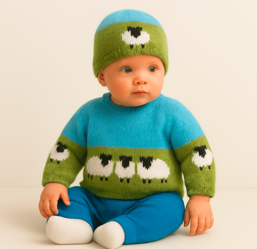 Knitting Pattern Baby Sheep and Sky Jumper & Hat DK Unisex 0-18 Months. Digital