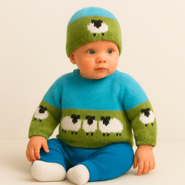 Knitting Pattern Baby Sheep and Sky Jumper & Hat DK Unisex 0-18 Months. Digital