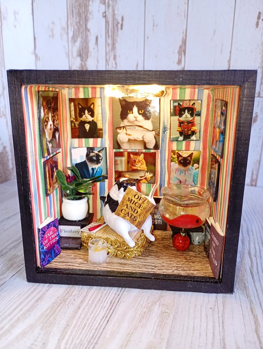 Box room Diorama, reading cat, quirky gift for cat lovers, with lights, cat lady