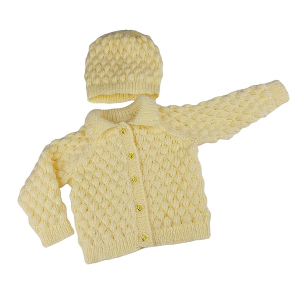 Lemon baby cardigan and hat knitted in bubble stitch pattern to fit 0 - 9 months