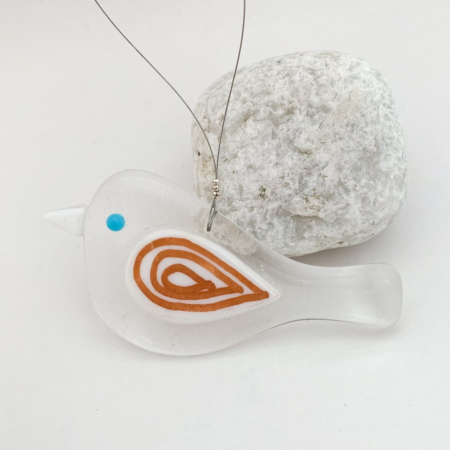 Fused Glass White Spiral Bird Hanging - Handmade Fused Glass Suncatcher